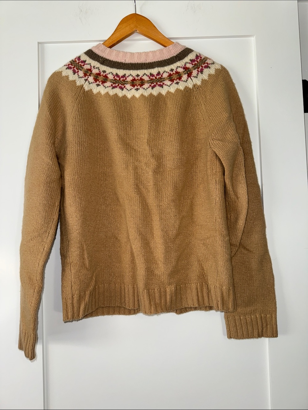 Vintage Old Navy Lambswool Blend Fair Isle Cardigan w/ Pink & Cream Trim Sz LG - Picture 3 of 3
